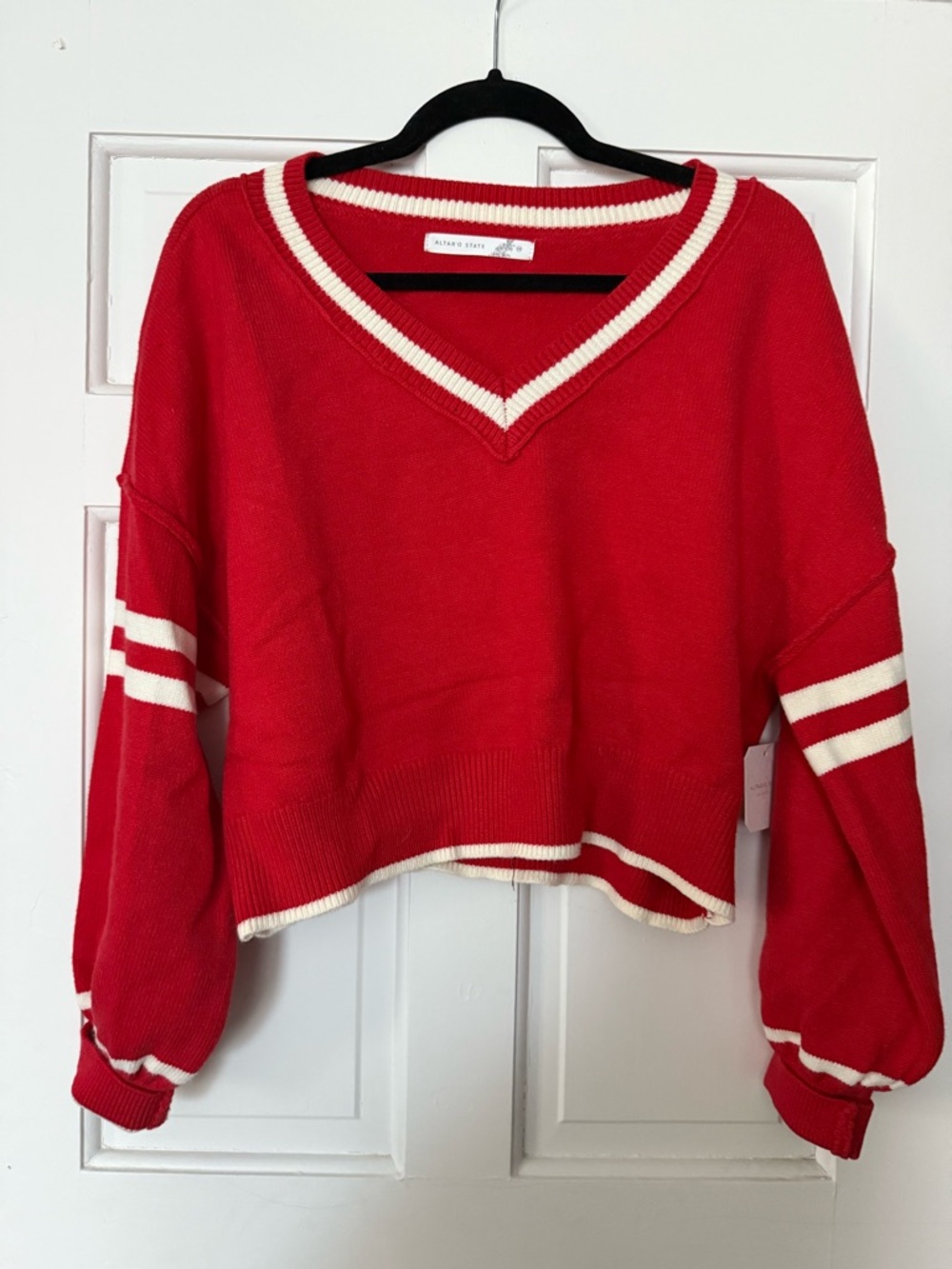 Altar’d State Red V-Neck Varsity Striped Cropped Sweater
